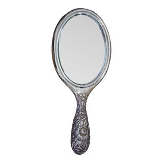 Antique Dominick & Haff Repousse Sterling Silver Beveled Hand Vanity Mirror 11" For Sale
