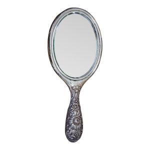 Antique Dominick & Haff Repousse Sterling Silver Beveled Hand Vanity Mirror 11"