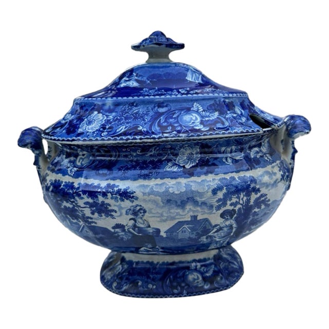 Antique Staffordshire Blue White Transferware Covered Soup Tureen Pastoral Scene For Sale