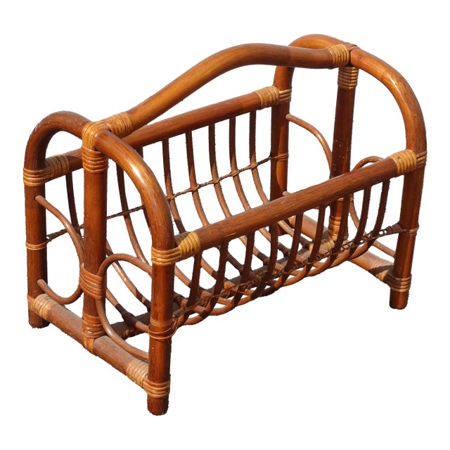 Vintage Mid Century Modern Bamboo Rattan Magazine Rack For Sale