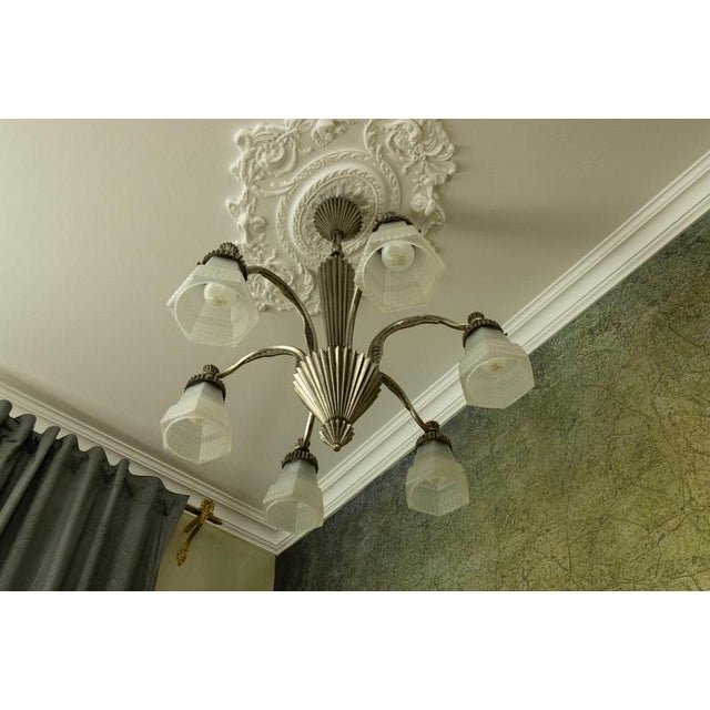 Gray Art Deco French Bronze and Frosted White Glass Six-Light Chandelier, 1930s For Sale - Image 8 of 18