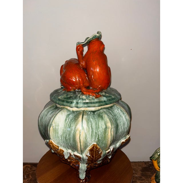 1960s Majolica Sancai Cookie Jar Container Monkeys on Branch With Peaches For Sale - Image 4 of 13