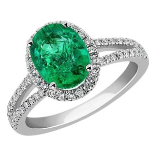 2.5 Carat Oval Natural Zambian Emerald & 2 ct Diamond Ring 14 Karat White Gold For Sale