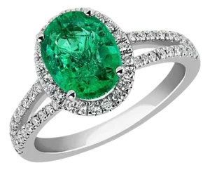 2.5 Carat Oval Natural Zambian Emerald & 2 ct Diamond Ring 14 Karat White Gold