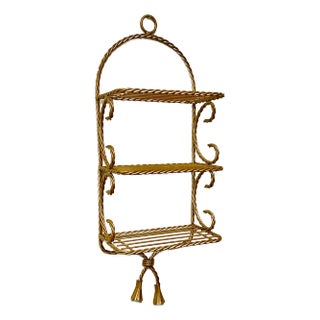 1970s Vintage French Hollywood Regency Twisted Rope and Tassels Metal Wall Shelf For Sale