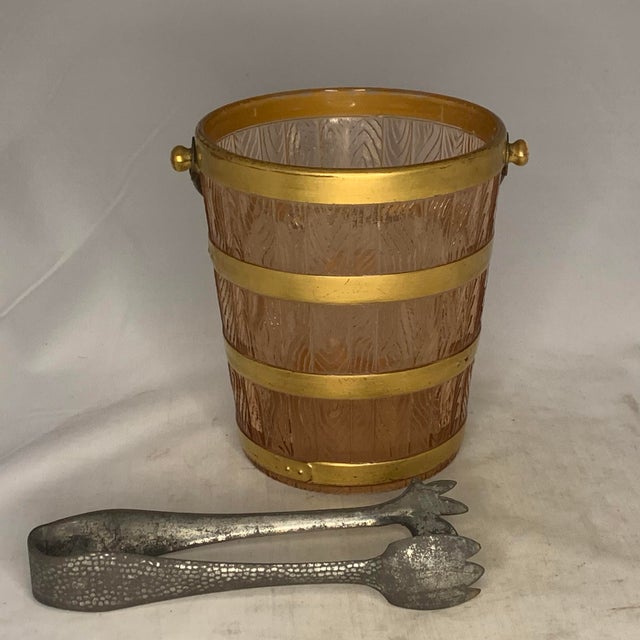 Art Nouveau Vintage Cambridge Pink Glass Ice Bucket with Pewter Tongs For Sale - Image 3 of 9