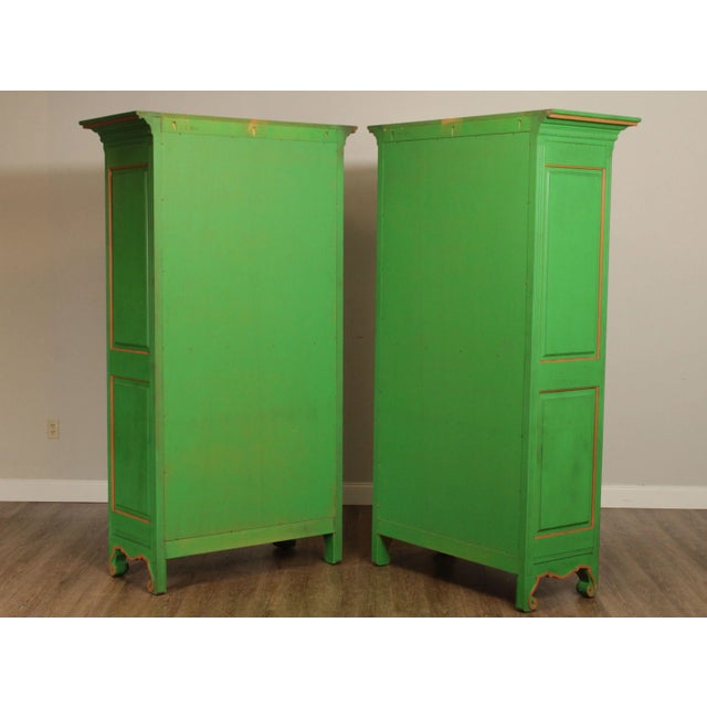French Louis XV Style Custom Green Painted Large Armoires - A Pair For Sale - Image 10 of 13