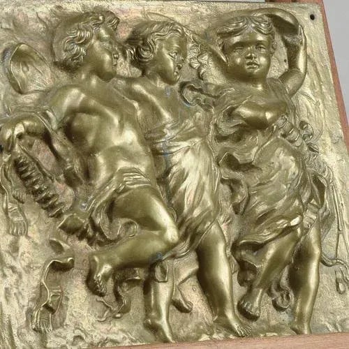 Brass Fusion Plaque with Cherubs and Dancing Musicians For Sale - Image 3 of 8