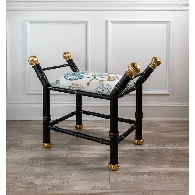 Hollywood Regency Boca Black Ocean Bamboo Bench For Sale - Image 3 of 7