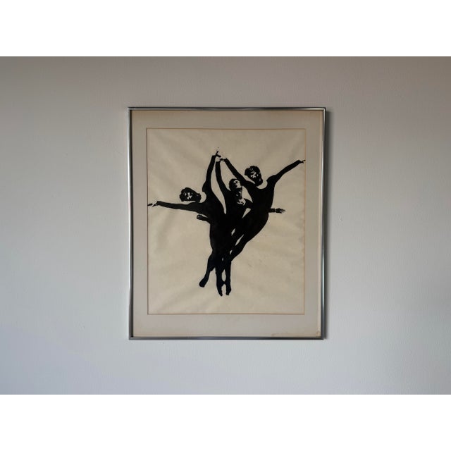 Mid-Century Modern Vintage Three Ballet Dancers Figural Painting on Paper, Framed Under Glass For Sale - Image 3 of 12