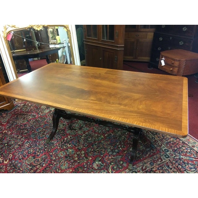 1990s Vintage Banded Mahogany Table, Trestle Style Base Dining Table For Sale - Image 5 of 16