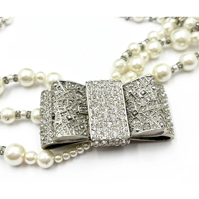 Chanel Chanel Rare Silver Large Bow Crystal 3 Strand Pearl Necklace For Sale - Image 4 of 5