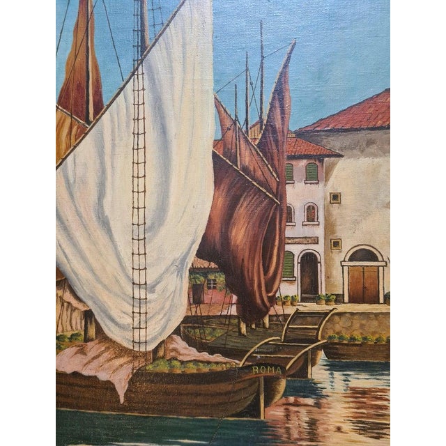 Mid 20th Century Mannerist Large Scale Oil Painting on Canvas, Boats in the Port by E Tiedemann, Framed For Sale - Image 6 of 12