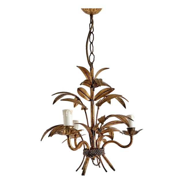 French Gilt Palm Leaf Chandelier, 1950 For Sale