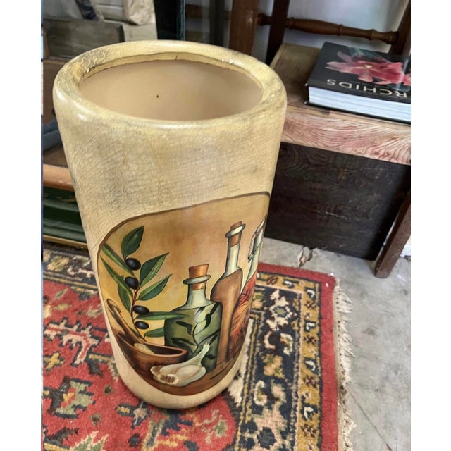 1970s Vintage Large Mediterranean Style Ceramic Umbrella Stand With Olive and Wine Details For Sale - Image 5 of 6
