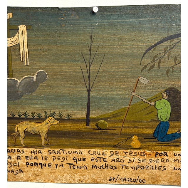 Paint Mexican Ex-Voto Retablo Painting, Dated 1960, Harvest Prayer to the Holy Cross For Sale - Image 7 of 13