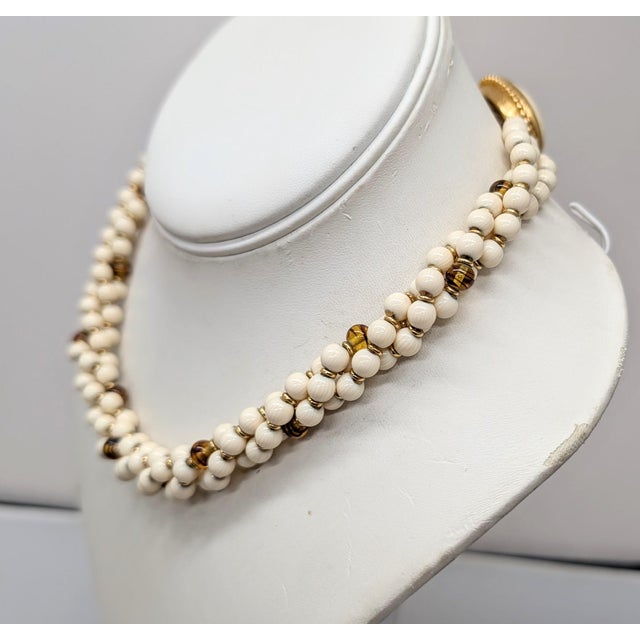 American Vintage 1980s Signed Napier Beaded Faux-Ivory & Tiger's Eye Torsade Necklace For Sale - Image 3 of 9