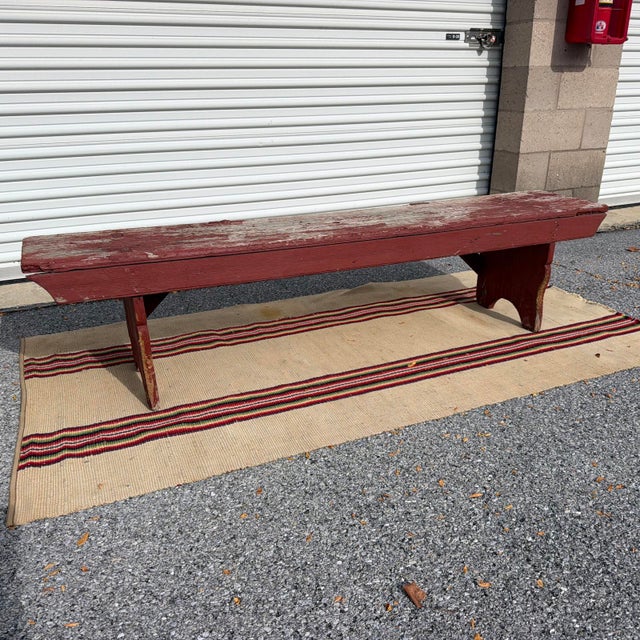 Antique Pennsylvania Mortised Bench in Old Red Paint, Lancaster County, Circa 1860s For Sale - Image 4 of 18