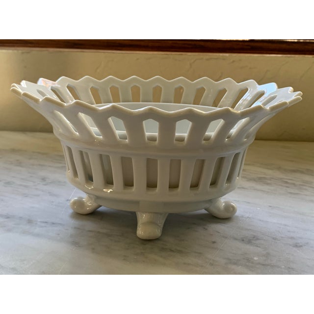 Mid 20th Century Vintage French Style Footed Porcelain Reticulated Flower Bowls a Pair For Sale - Image 5 of 8