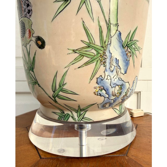 Blush Vintage Hand-Painted Chinoiserie Butterfly Porcelain Table Lamp on Lucite Base For Sale - Image 8 of 12