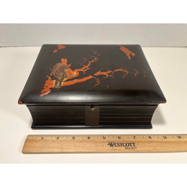 Brown Antique Meiji Period Japanese Handmade Wood With Metal Inlay Lacquer Box For Sale - Image 8 of 10