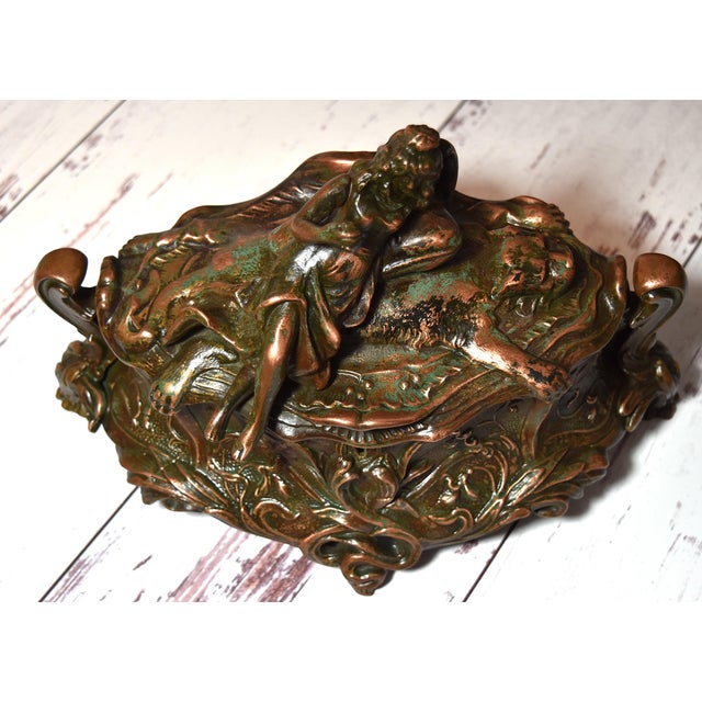 Antique Art Nouveau Metal Dresser Box Casket Lady on Bear Skin Rug For Sale - Image 13 of 18