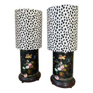 Hand-Painted Vintage Tea Canister Lamps With Custom Shades - a Pair For Sale