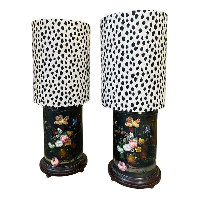 Hand-Painted Vintage Tea Canister Lamps With Custom Shades - a Pair For Sale