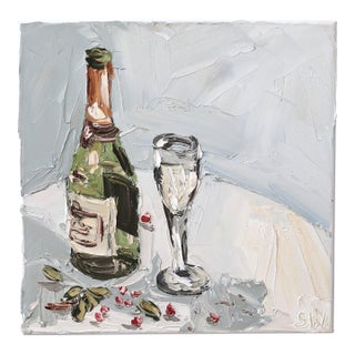 Champagne Bottle, Glass, and Berries - Textured Still Life Oil Painting by Sally West For Sale