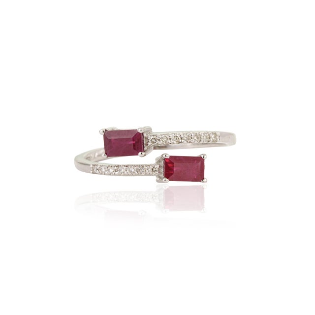 Contemporary 14k White Gold Ruby & Diamond Open Bypass Ring Size 6.5 For Sale - Image 4 of 16