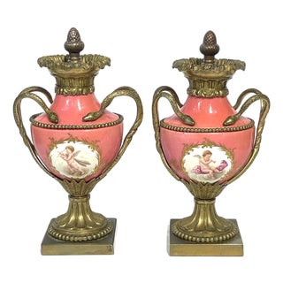 Pair French Louis XVI Style Sèvres Rose Pompadour Ormolu-Mounted Cabinet Vases For Sale
