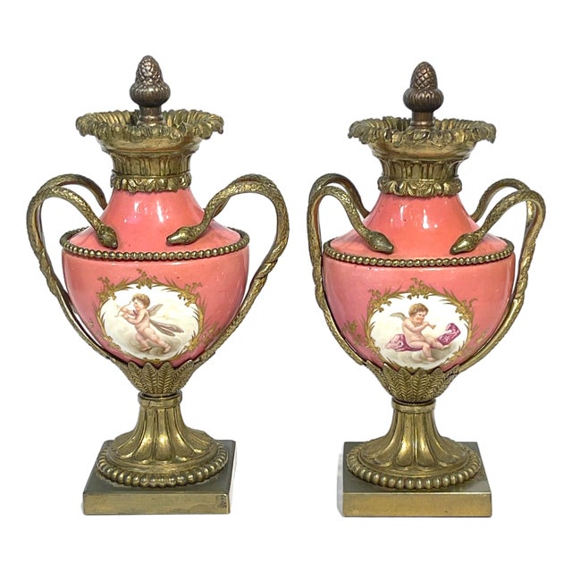 Pair French Louis XVI Style Sèvres Rose Pompadour Ormolu-Mounted Cabinet Vases For Sale