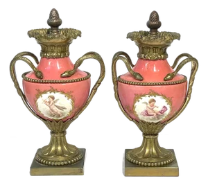 Pair French Louis XVI Style Sèvres Rose Pompadour Ormolu-Mounted Cabinet Vases
