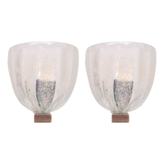 Italian Venetian Murano Pulegoso Glass Sconces With Patinated Brass - a Pair For Sale