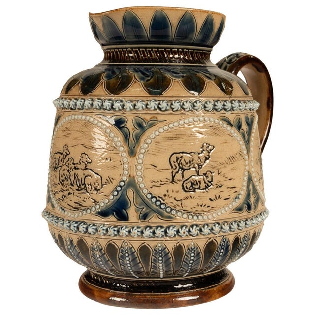 Ceramic Antique Aesthetic Movement Doulton Lambeth Hannah Barlow Stoneware Jug Sheep, 1873 For Sale - Image 7 of 17