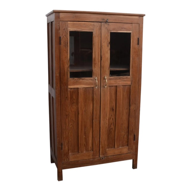 Solid Reclaimed Teak Wood Cabinet With Rustic Finish & 2 Glass Door Inserts For Sale