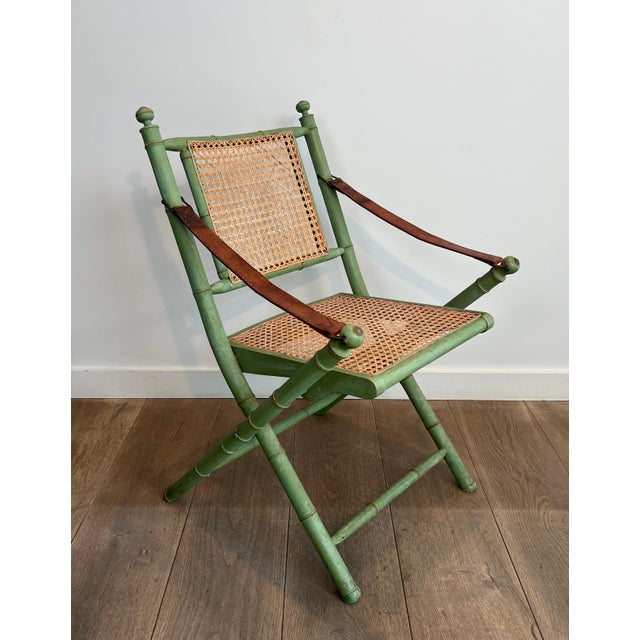 Metal Pair of 1970s folding safari chairs in weathered faux bamboo with caned backs and seats For Sale - Image 7 of 12