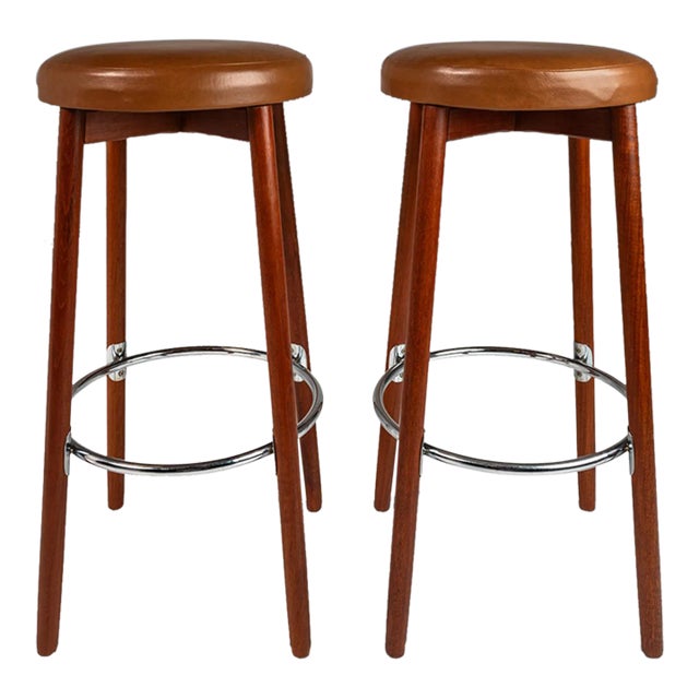 Set of 2 Danish Modern Barstools in Solid Teak & Leather by Hugo Frandsen for Spøttrup Mobler, Denmark, Circa 1960's For Sale
