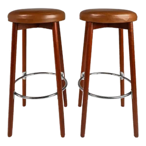 Set of 2 Danish Modern Barstools in Solid Teak & Leather by Hugo Frandsen for Spøttrup Mobler, Denmark, Circa 1960's