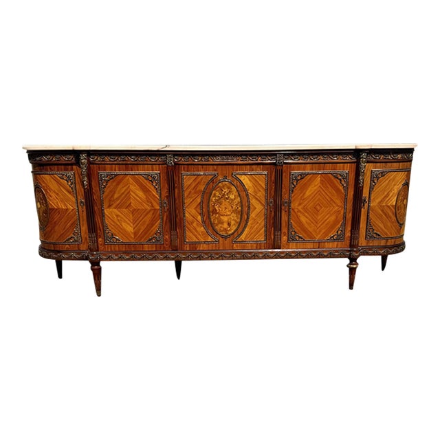Long French Louis XVI Demilune Mahogany Sideboard Carrera Marble Top 1900s For Sale