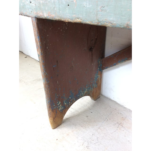 Wood Antique Primitive Farmhouse Wood Bench With Chippy Paint Patina For Sale - Image 7 of 18