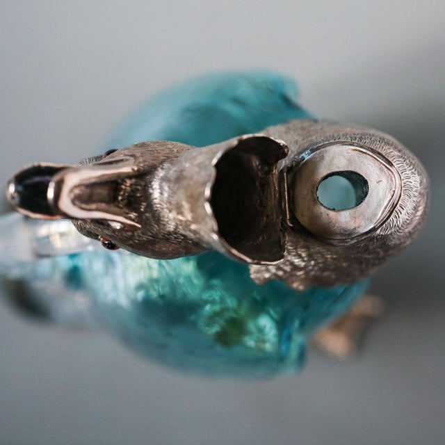 19th Century French Zoomorphic Duck Ewer in Blue Handblown Glass and Mixed Metal For Sale - Image 12 of 17