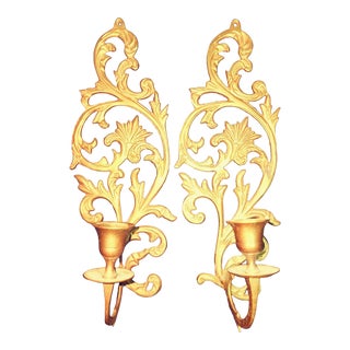 Vintage 1950s Art Nouveau 13.25" Brass Large Wall Candle Sconces - a Pair For Sale
