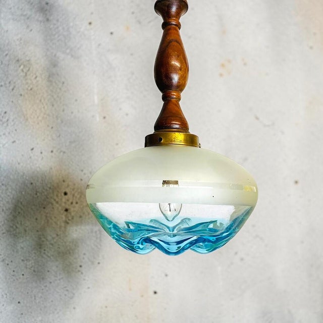 Mid-Century Modern Mid-Century Modern Agua Blue Art Glass Pendant Light in Teak, 1960s For Sale - Image 3 of 11