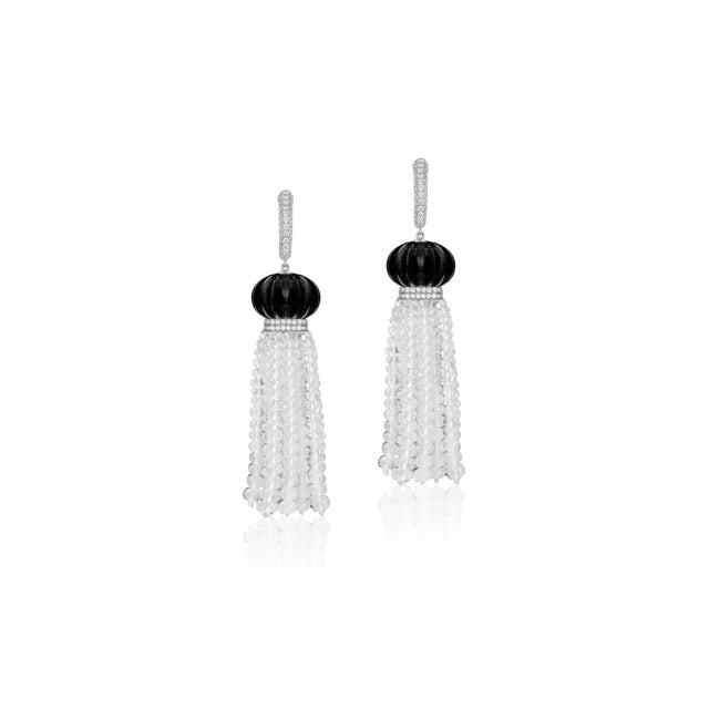 G-One' Black Fluted Onyx, Moon Quartz Tassel, Diamond Rondel Earrings On Diamond Huggies In 18K White Gold. Approximate...