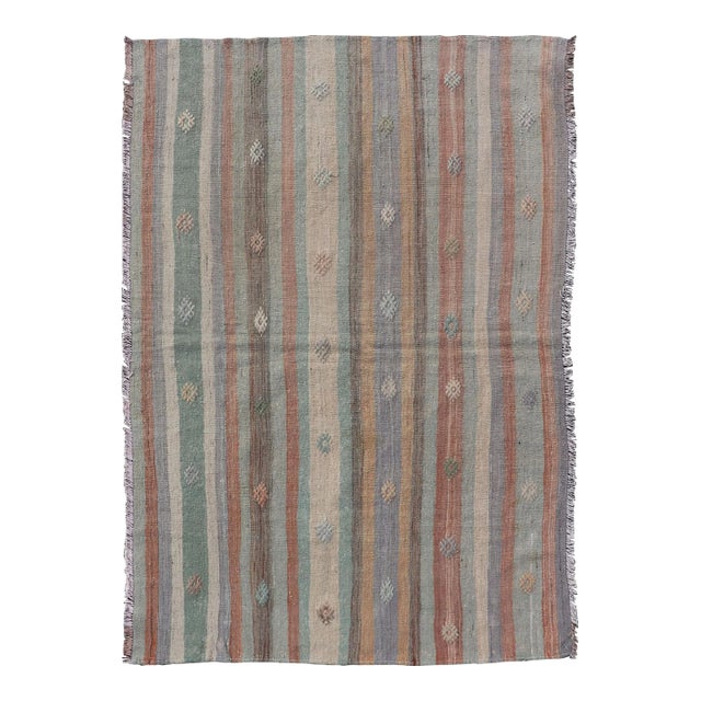 Colorful Vintage Turkish Flat-Weave Kilim Rug With Geometric Striped Design For Sale