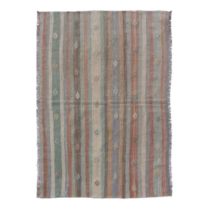Colorful Vintage Turkish Flat-Weave Kilim Rug With Geometric Striped Design