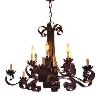 Huge 1920s Spanish Revival Style 6 Arm 12 Candelabra Charcoal Wrought Iron Pendant Chandeliers For Sale