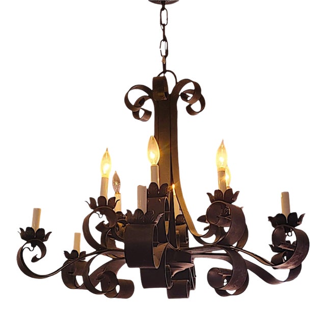 Huge 1920s Spanish Revival Style 6 Arm 12 Candelabra Charcoal Wrought Iron Pendant Chandeliers For Sale