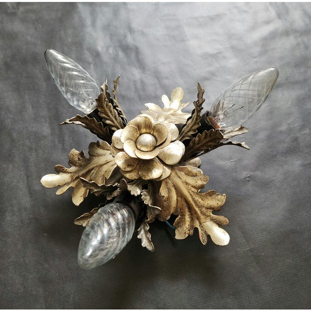 Vintage Florentine Floral Hand-Forged Silver-Plated 3-Light Flush Mount from Banci Firenze, Italy, Florence 1960s, Set of 5 For Sale - Image 12 of 18